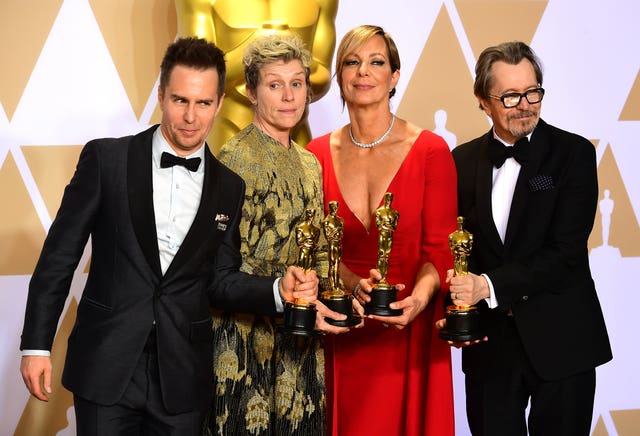 McDormand flaunts her award with Sam Rockwell, Allison Janney and Gary Oldman