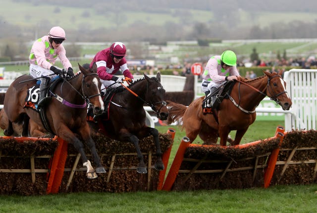 Limini (right) jumps the final flight before finishing third in the 2017 Mares' Hurdle
