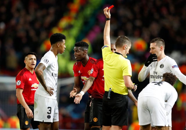 Paul Pogba is sent off during the 2-0 Champions League defeat by Paris St Germain