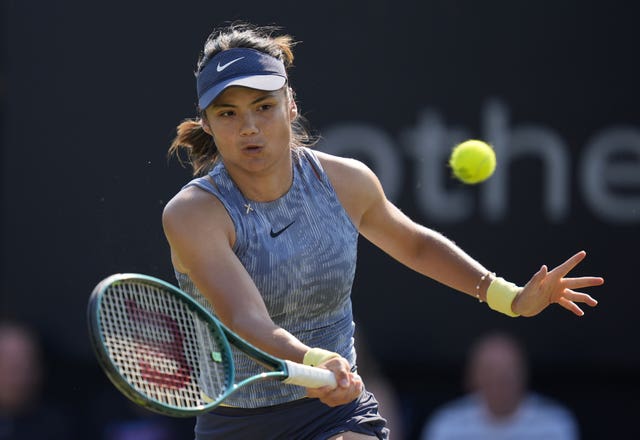 Emma Raducanu hits a volley at Eastbourne