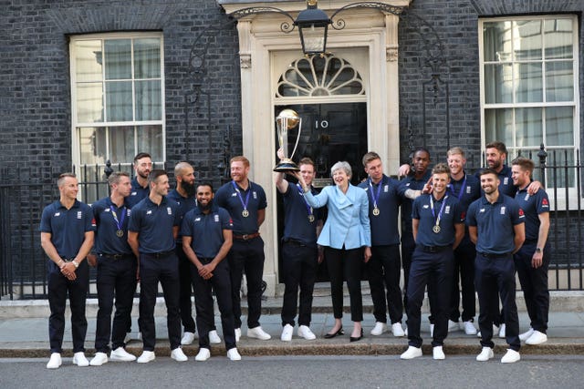 Theresa May with the England cricket team outside 10 Downing Street