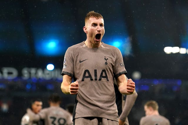 Tottenham's Dejan Kulusevski celebrates scoring their side鈥檚 equaliser against Manchester City