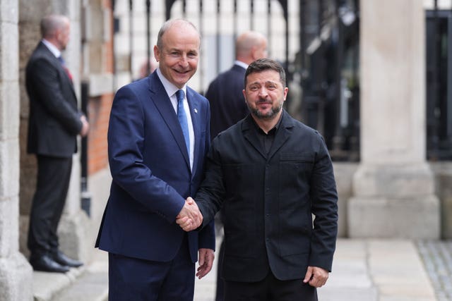 Micheál Martin shaking hands with Volodymyr Zelensky outside Dublin Castle