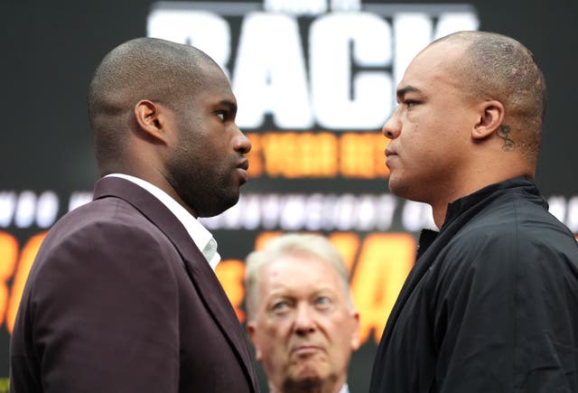 Daniel Dubois, left, and Fabio Wardley face off with promoter Frank Warren in the background