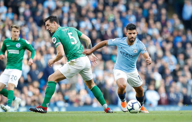 Sergio Aguero (right) was on target again against Brighton