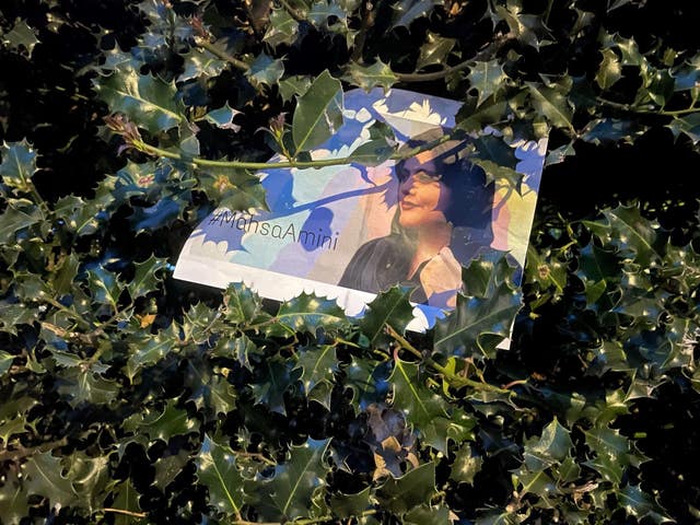 A picture of Mahsa Amini left outside the Iranian Embassy in London