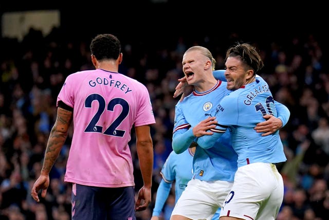 Erling Haaland celebrates with Jack Grealish
