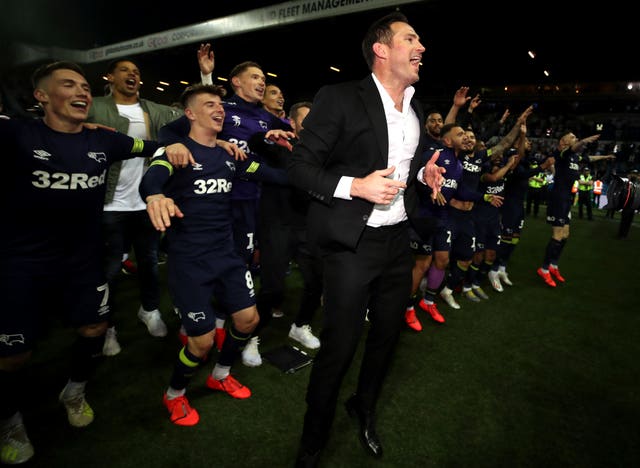Frank Lampard celebrates with the Derby players (PA)