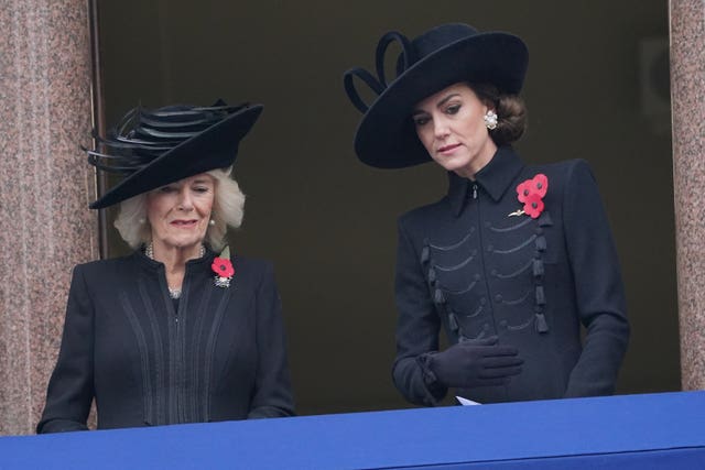 The Queen and the Princess of Wales on a balcony at the Foreign, Commonwealth and Development Office (FCDO) on Whitehall, during the Remembrance Sunday service at the Cenotaph in 2023