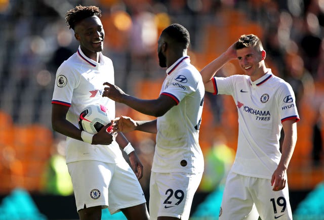 Tammy Abraham, Fikayo Tomori and Mason Mount, l-r