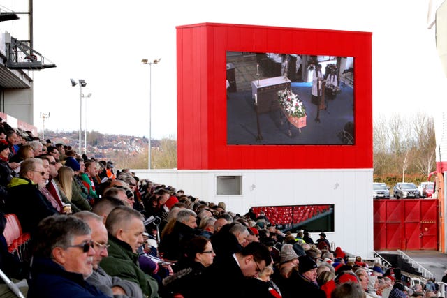 Mourners watched the funeral service for Gordon Banks on big screens at the bet365 Stadium 