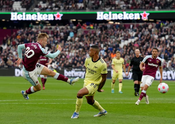 Jarrod Bowen, left, scores West Ham's equaliser