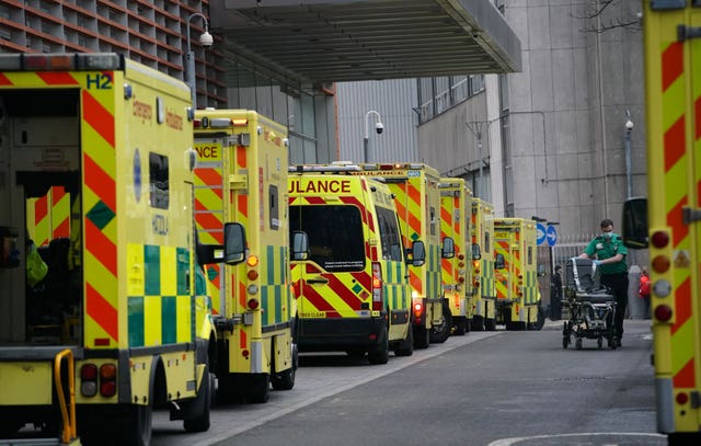 Ambulances outside the Royal London Hospital, after Mayor of London Sadiq Khan declared a “major incident” as the spread of coronavirus threatens to “overwhelm” the capital’s hospitals