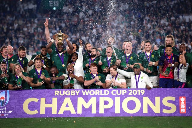 South Africa captain Siya Kolisi lifted the Webb Ellis Cup at Yokohama Stadium.