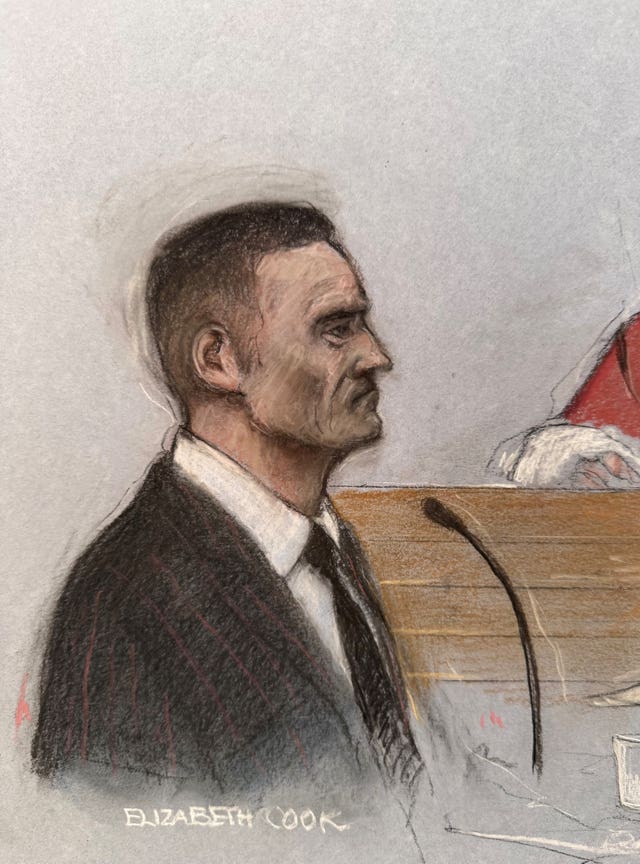Court artist sketch of Tommy Robinson giving evidence