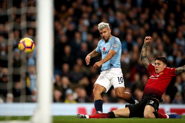 Sergio Aguero is on target in a 3-1 win over Manchester United in the derby in November