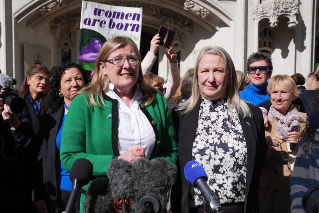 Susan Smith (left) and Marion Calder, co-directors of For Women Scotland, outside the Supreme Court in London after it ruled the terms 'woman' and 'sex' in the Equality Act refer to a biological woman and biological sex