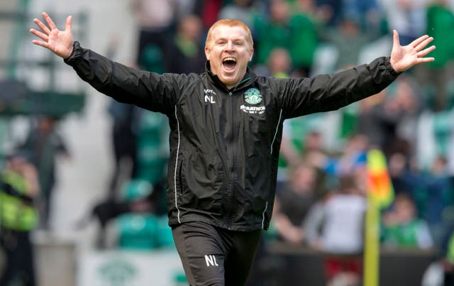 Hibernian manager Neil Lennon celebrated on the pitch after his side snatched a 5-5 draw the last time the sides met