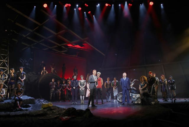 The Duke Of Sussex addresses the audience alongside the show’s producer and cast members ahead of a gala performance of Bat Out Of Hell - The Musical, in support of the Invictus Games Foundation at Dominion Theatre, London