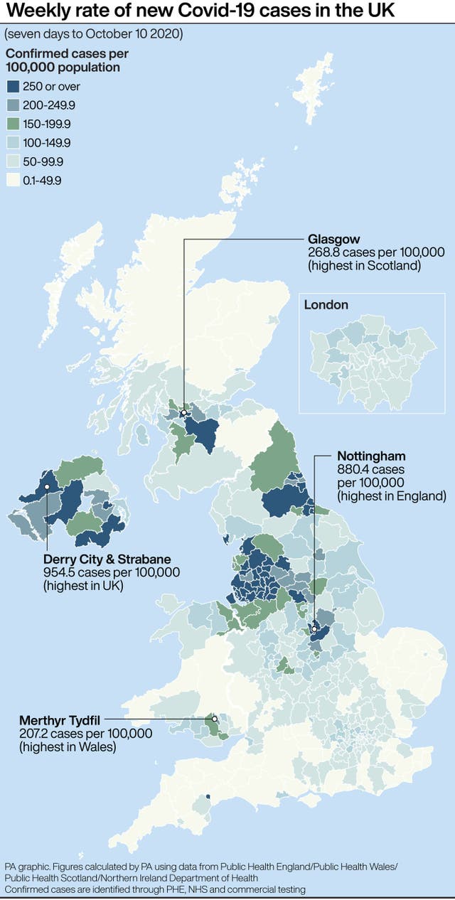 PA infographic showing weekly rate of new Covid-19 cases in the UK