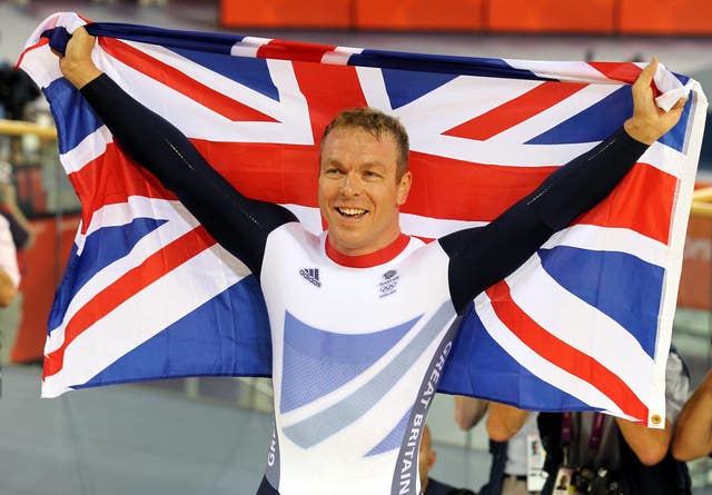 Great Britain's Chris Hoy celebrates winning the men's keirin final 