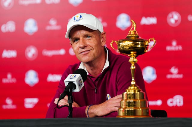 Luke Donald with the Ryder Cup at a press conference