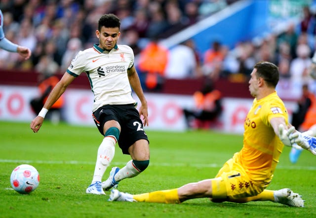 Liverpool’s Luis Diaz (left) has his shot saved by Aston Villa goalkeeper Emiliano Martinez during the Premier League match at Villa Park, Birmingham. Picture date: Tuesday May 10, 2022