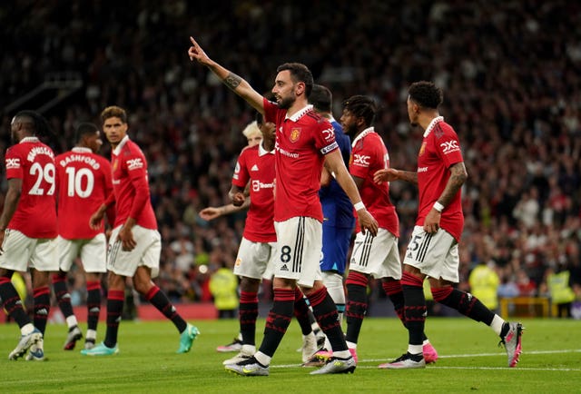 Bruno Fernandes celebrates scoring United's third from the spot on Thursday