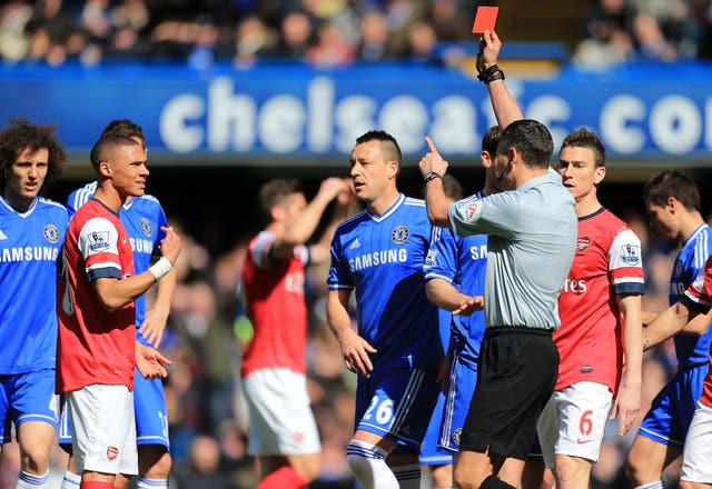 Kieran Gibbs was sent off early in the game back in 2014 - referee Andre Marriner mistaking him for Alex Oxlade-Chamberlain, who had handled on the line.