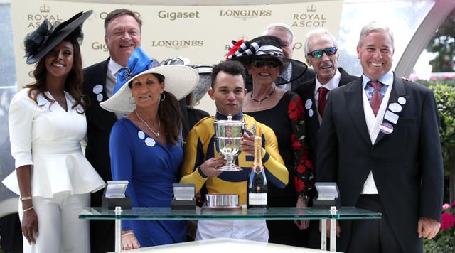 Joel Rosario (centre) and Wesley Ward (far right) with winning connections after the Norfolk Stakes