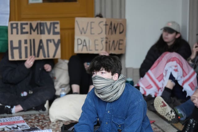 Members of the Queen’s University Belfast (QUB) Palestine Assembly hold a ‘sit in’ in the main Lanyon building of the campus