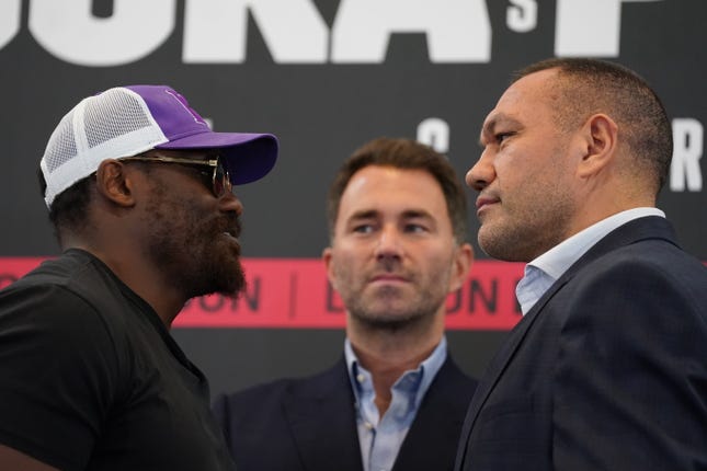 Derek Chisora and Kubrat Pulev face off during a press conference in London