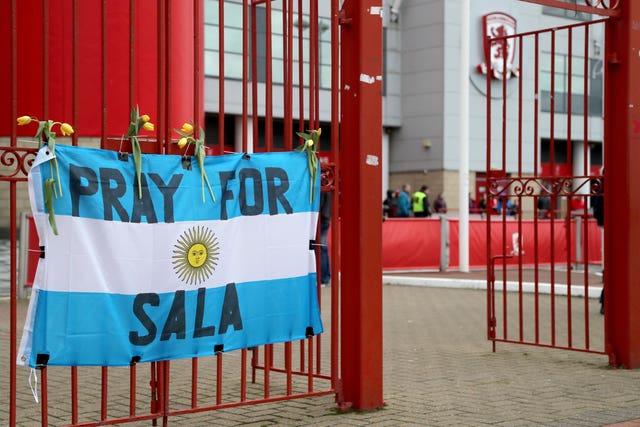 Pray for Sala flag outside the Riverside Stadium. (PA)