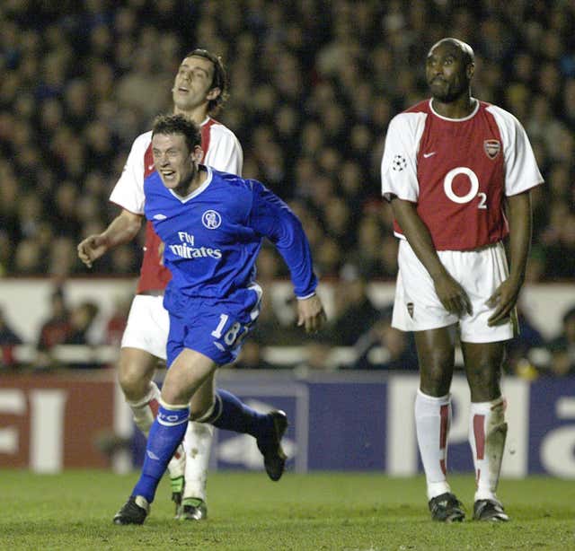 Wayne Bridge celebrates scoring Chelsea’s winner against Arsenal in the 2003-04 quarter-final