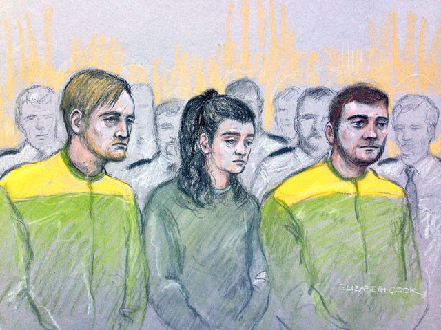 File court artist sketch by Elizabeth Cook dated 15/12/17 of Zak Bolland, Courtney Brierley and David Worrall (Elizabeth Cook/PA)