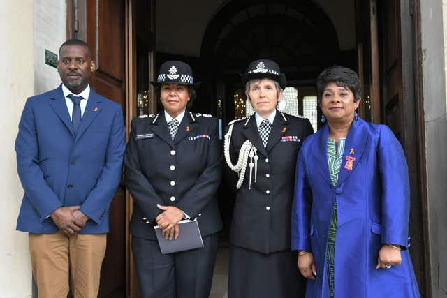 Baroness Lawrence (right) and her son Stuart with Metropolitan Police Commissioner Cressida Dick (second right) and Assistant Commissioner Patrica Gallan (Victoria Jones/PA)