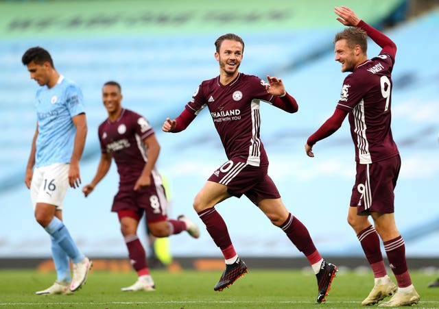 James Maddison, centre, scored a superb fourth for Leicester