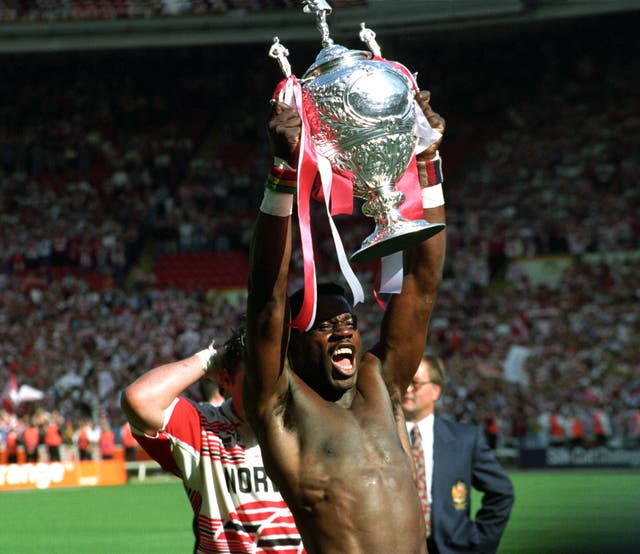 Martin Offiah celebrates winning the Challenge Cup in 1994