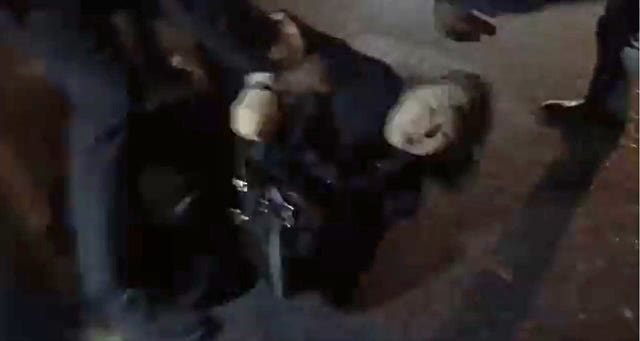 Hong Kong justice secretary Teresa Cheng appearing to be knocked to the ground as she is pursued by protesters in London