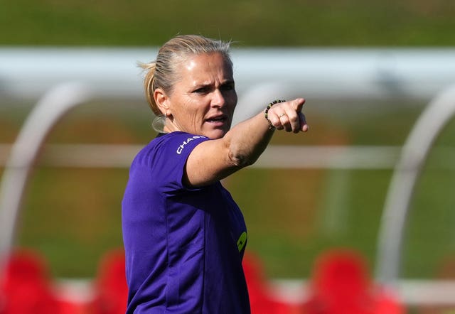 England manager Sarina Wiegman points during a training session this week