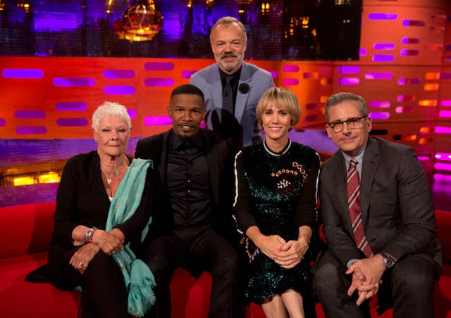 Judi Dench, Jamie Foxx, Graham Norton, Kristen Wiig and Steve Carell during filming of the Graham Norton Show