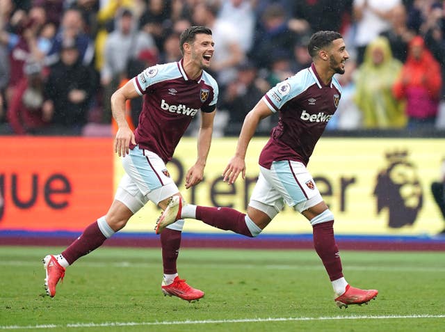 Said Benrahma (right) celebrates West Ham''s opener