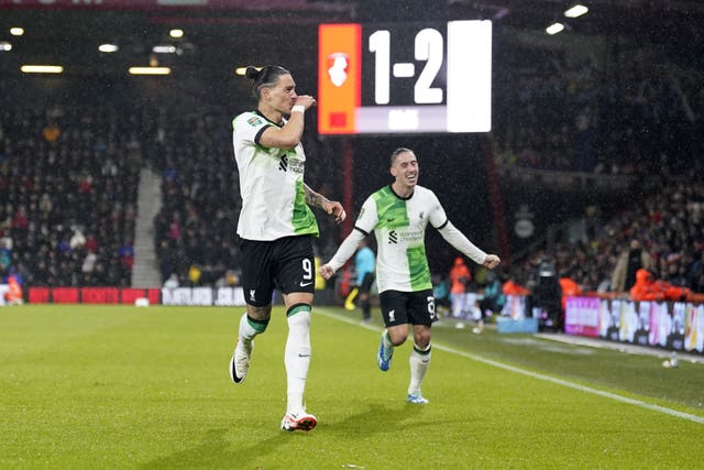 Darwin Nunez celebrates after scoring the winnermouth v Liverpool – Carabao Cup – Fourth Round – Vitality Stadium