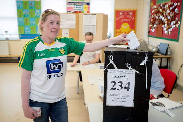 Marie O’Donnell casts her vote at Scoil Mhuire Gan Smal Polling Station, Lifford, Co Donegal (Liam McBurney/PA)