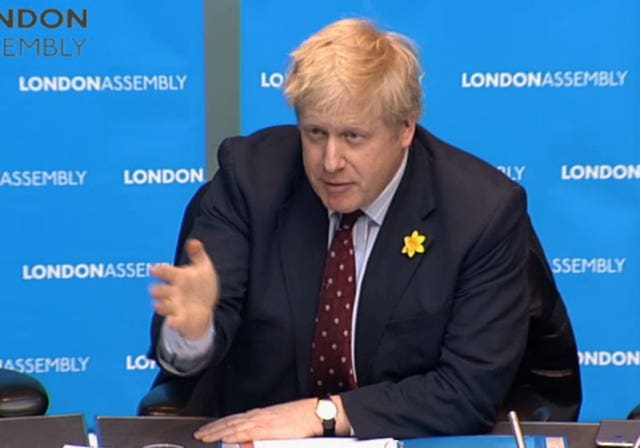 Video grab of Foreign Secretary Boris Johnson appearing before the London Assembly at City Hall, London to answer questions about the procurement of the Garden Bridge. (London Assembly/PA)