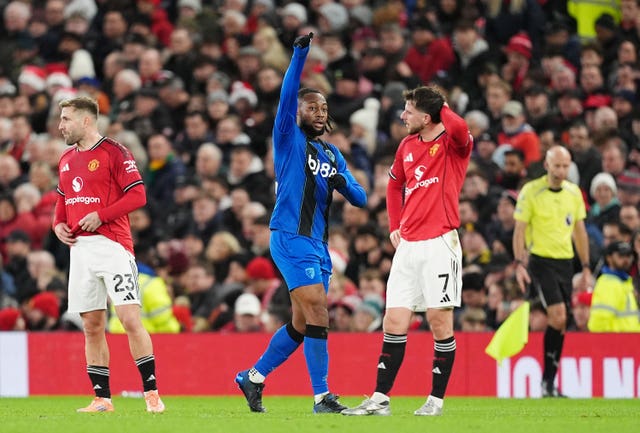 Bournemouth’s Antoine Semenyo celebrates against Manchester United