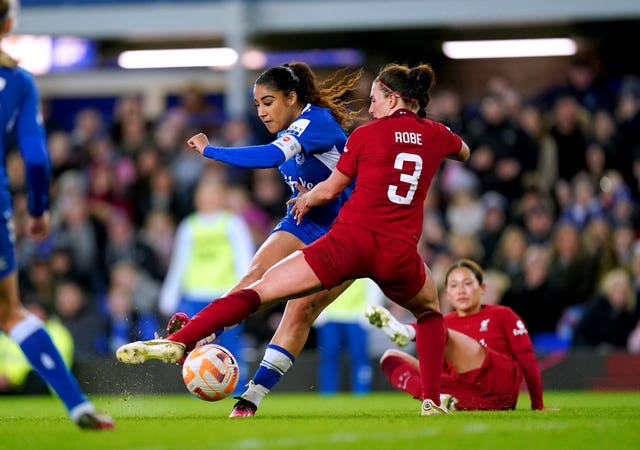 Gabby George and Leighanne Robe in action when Everton hosted Liverpool in 2023 (Mike Egerton/PA)