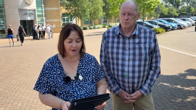 Lyn and Christopher Roe, the grandparents of Zac Roe, speaking to media outside Bournemouth Crown Court after Barbara Roe was jailed