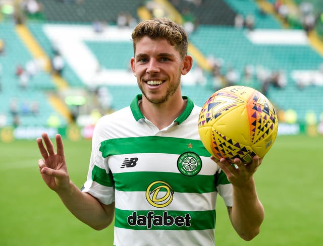 Ryan Christie poses after he scored a hat-trick in Celtic's 7-0 thrashing of St Johnstone 