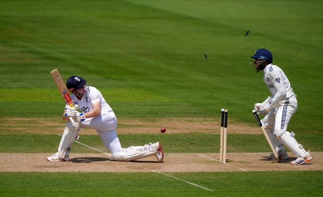 England’s Harry Brook is dismissed by India’s Akash Deep
